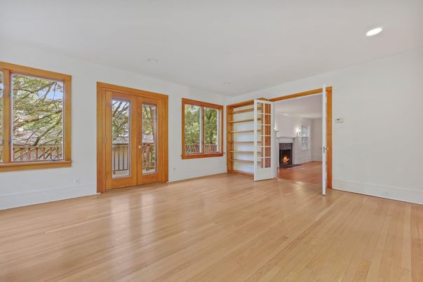 Empty room, Fireplace, Interior, Recessed Lighting, Wood Texture Flooring