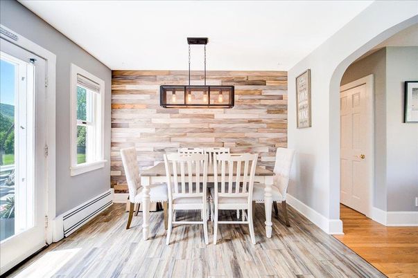 Dining room, Interior, Pendant Lights, Wood Texture Flooring, Wooden Walls