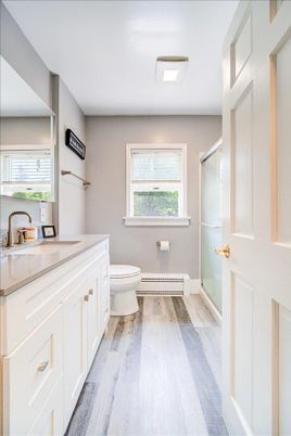 Bathroom, Glass Shower, Interior, Wood Texture Flooring