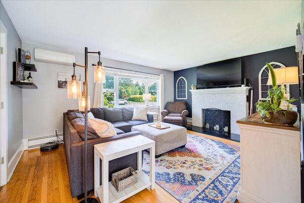 Fireplace, Interior, Living room, Pendant Lights, Wood Texture Flooring