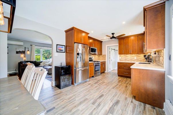 Interior, Kitchen, Living room, Recessed Lighting, Stainless Steel Appliances, Wood Texture Flooring