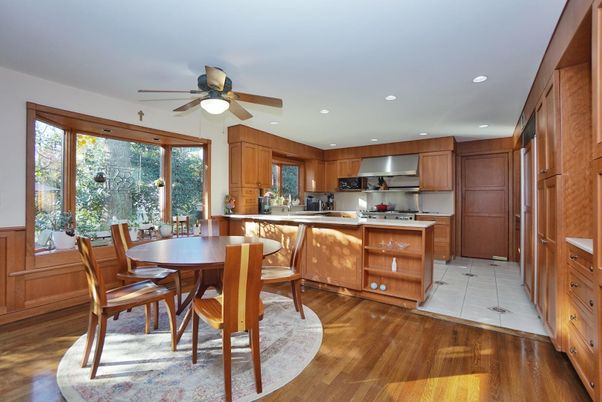 Dining room, Interior, Kitchen, Recessed Lighting, Stainless Steel Appliances, Wood Texture Flooring