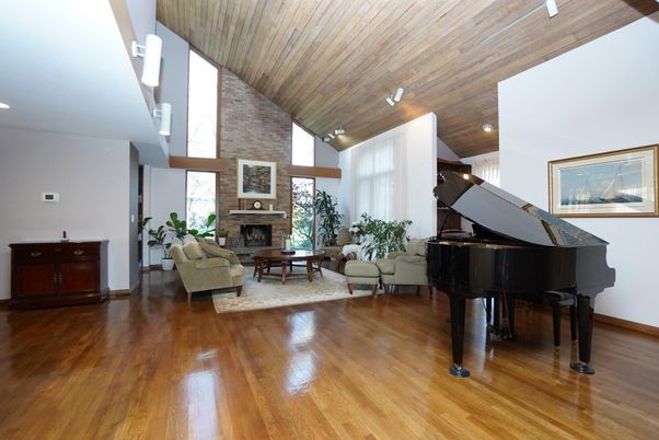Fireplace, Interior, Living room, Piano, Recessed Lighting, Stone Walls, Wooden Ceilings, Wood Texture Flooring