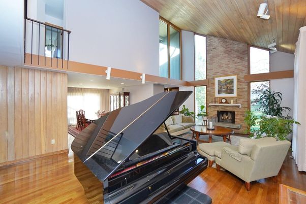 Fireplace, Interior, Living room, Piano, Recessed Lighting, Stone Walls, Wooden Ceilings, Wood Texture Flooring, Wooden Walls