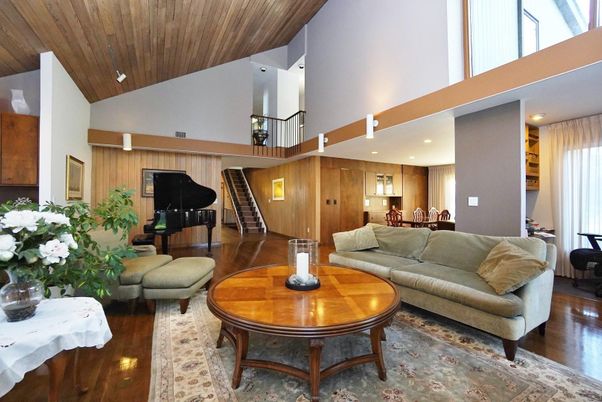 Dining room, Interior, Kitchen, Living room, Piano, Recessed Lighting, Wooden Ceilings, Wood Texture Flooring, Wooden Walls