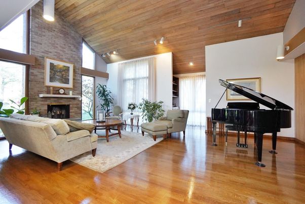 Fireplace, Interior, Living room, Piano, Recessed Lighting, Stone Walls, Wooden Ceilings, Wood Texture Flooring