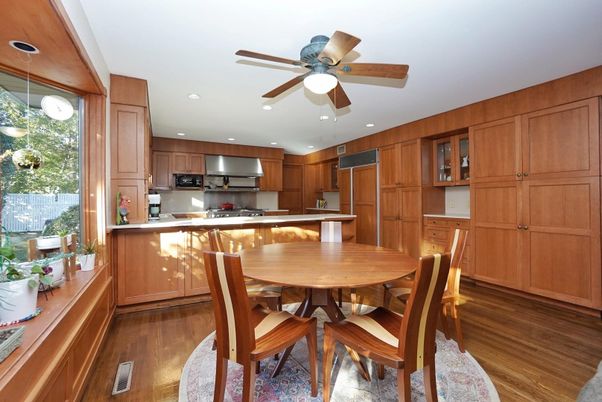 Dining room, Interior, Kitchen, Recessed Lighting, Stainless Steel Appliances, Wood Texture Flooring