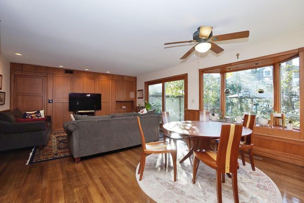 Dining room, Interior, Living room, Recessed Lighting, Wood Texture Flooring