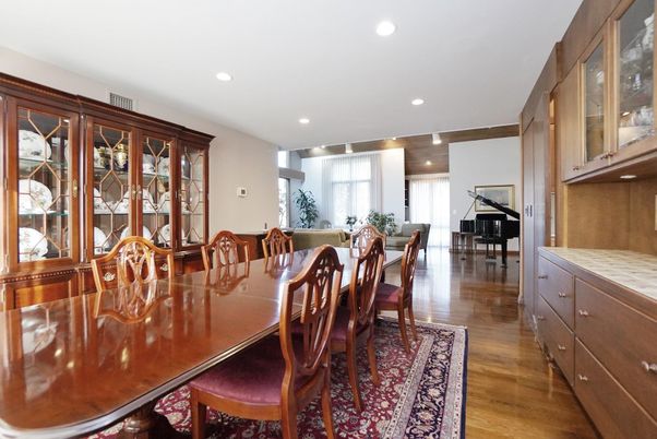 Dining room, Interior, Piano, Recessed Lighting, Wood Texture Flooring
