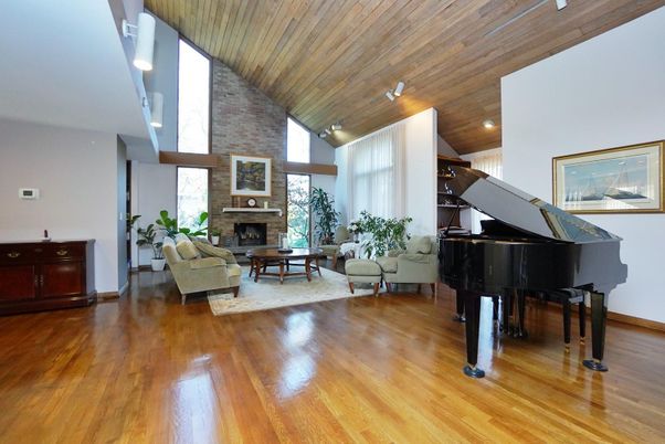 Fireplace, Interior, Living room, Piano, Recessed Lighting, Stone Walls, Wooden Ceilings, Wood Texture Flooring
