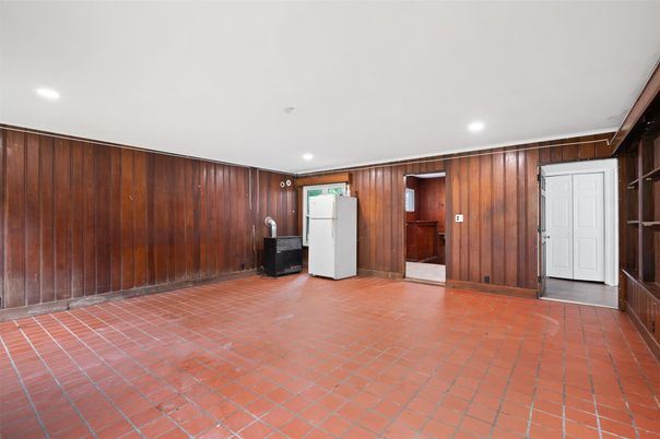 Empty room, Fireplace, Interior, Recessed Lighting, Wooden Walls