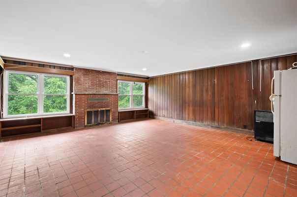 Empty room, Fireplace, Interior, Recessed Lighting, Stone Walls