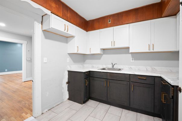Interior, Kitchen, Marble Walls, Recessed Lighting, Wood Texture Flooring