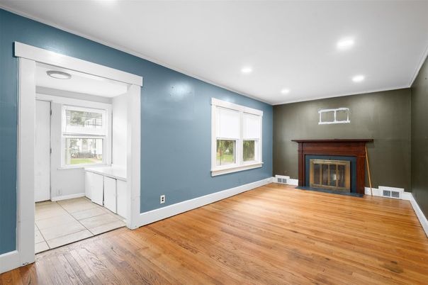 Empty room, Fireplace, Interior, Recessed Lighting, Wood Texture Flooring