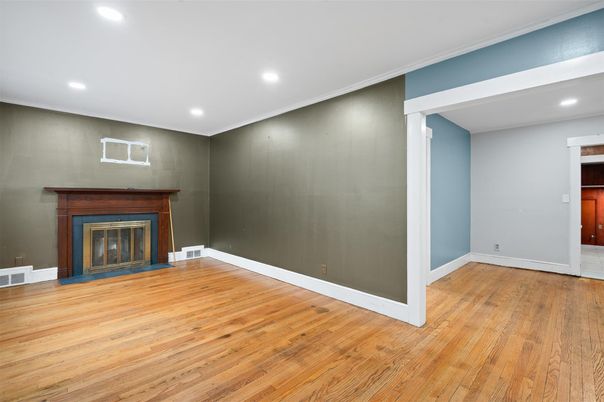 Empty room, Fireplace, Interior, Recessed Lighting, Wood Texture Flooring