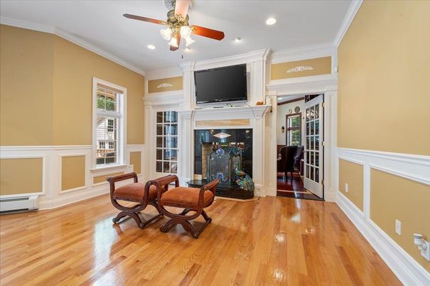 Fireplace, Interior, Recessed Lighting, Wood Texture Flooring
