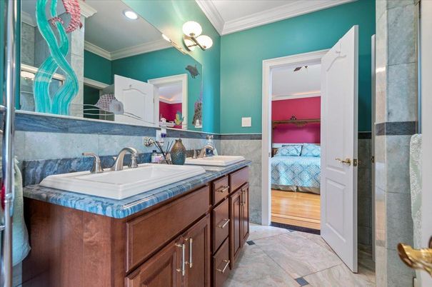 Bathroom, Bedroom, Dual Sink Vanities, Interior, Recessed Lighting, Tile Countertops, Wood Texture Flooring