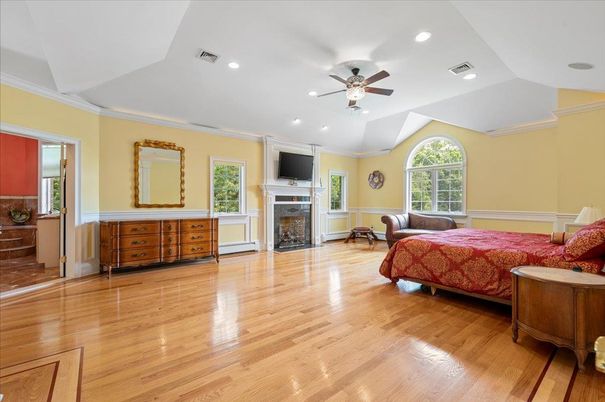 Bedroom, Fireplace, Interior, Recessed Lighting, Wood Texture Flooring