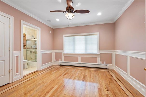 Bathroom, Empty room, Glass Shower, Interior, Recessed Lighting, Wood Texture Flooring