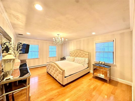 Bedroom, Chandelier, Interior, Recessed Lighting, Wood Texture Flooring