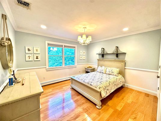 Bedroom, Chandelier, Interior, Recessed Lighting, Wood Texture Flooring