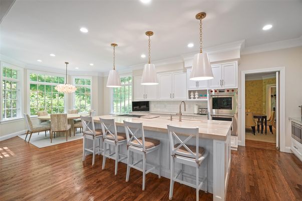 Dining room, Interior, Kitchen, Pendant Lights, Recessed Lighting, Stainless Steel Appliances, Wood Texture Flooring