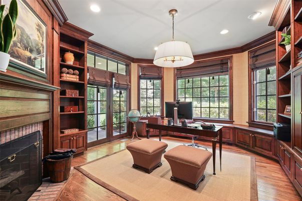 Fireplace, Home Office, Interior, Pendant Lights, Recessed Lighting, Wood Texture Flooring