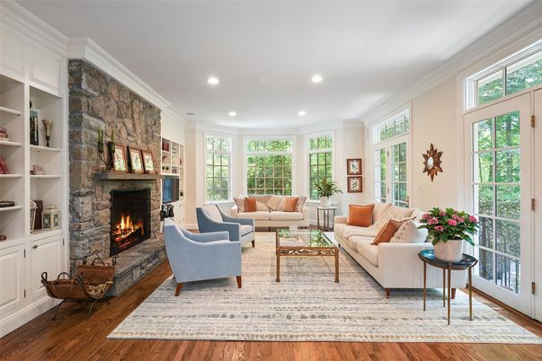 Fireplace, Interior, Living room, Recessed Lighting, Stone Walls, Wood Texture Flooring