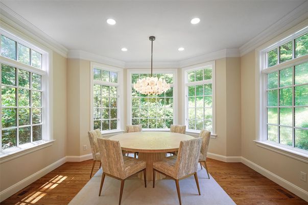 Chandelier, Dining room, Interior, Recessed Lighting, Wood Texture Flooring