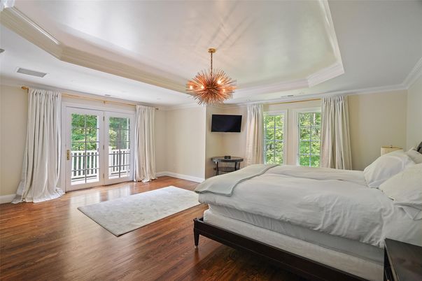 Bedroom, Chandelier, Interior, Pendant Lights, Wood Texture Flooring