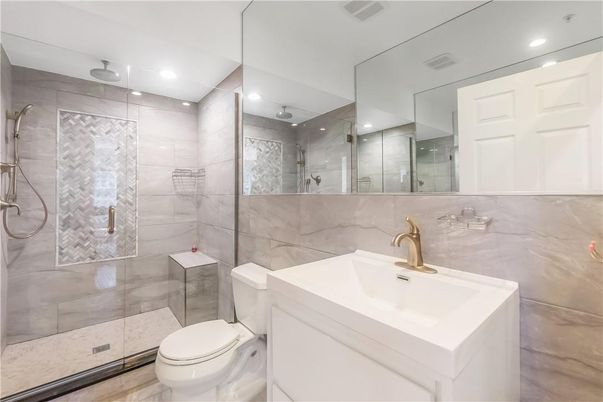 Bathroom, Glass Shower, Interior, Marble Walls, Recessed Lighting
