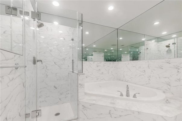 Bathroom, Glass Shower, Interior, Marble Walls, Recessed Lighting