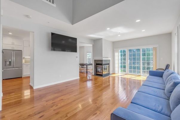 Fireplace, Interior, Kitchen, Living room, Recessed Lighting, Wood Texture Flooring