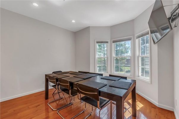 Dining room, Interior, Recessed Lighting, Wood Texture Flooring