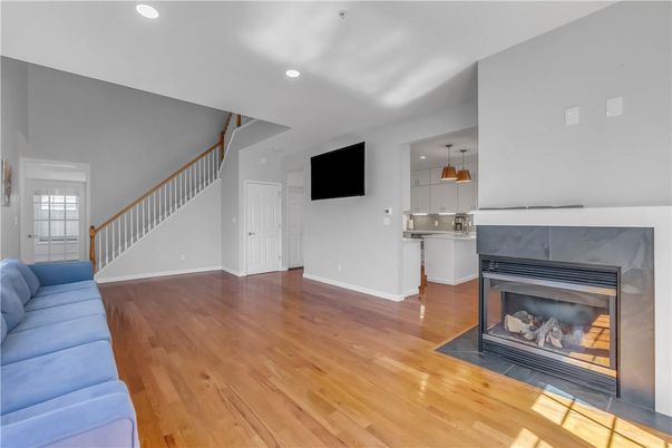 Fireplace, Interior, Kitchen, Pendant Lights, Recessed Lighting, Wood Texture Flooring