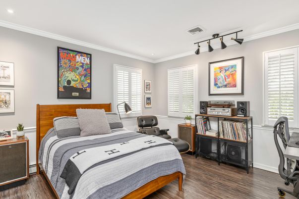 Bedroom, Interior, Recessed Lighting, Wood Texture Flooring
