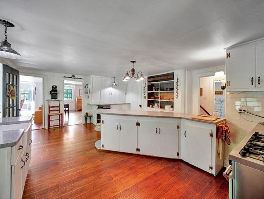 Chandelier, Interior, Kitchen, Pendant Lights, Stainless Steel Appliances, Wood Texture Flooring