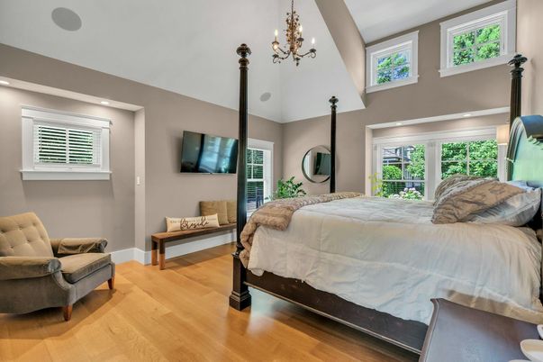Bedroom, Chandelier, Interior, Recessed Lighting, Wood Texture Flooring