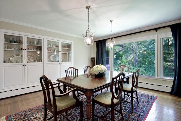 Dining room, Interior, Pendant Lights, Wood Texture Flooring