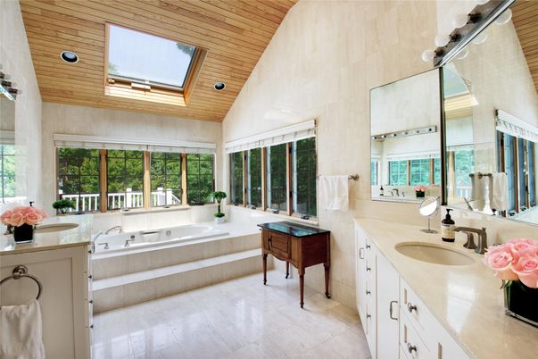 Bathroom, Dual Sink Vanities, Interior, Recessed Lighting, Wooden Ceilings