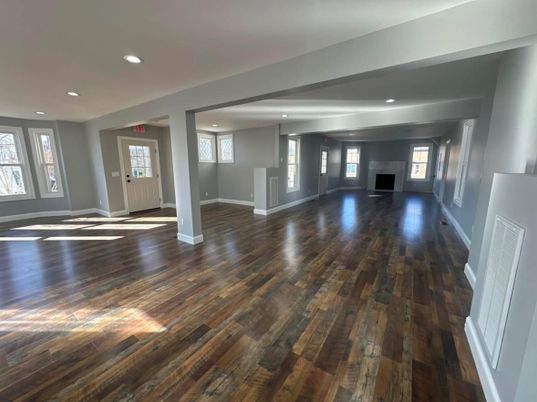 Empty room, Fireplace, Interior, Recessed Lighting, Wood Texture Flooring