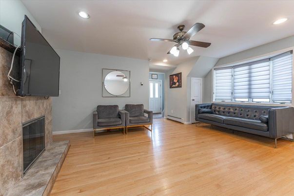 Fireplace, Interior, Recessed Lighting, Wood Texture Flooring