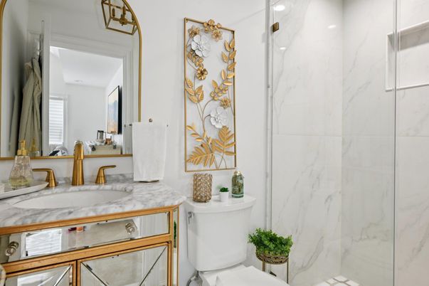 Bathroom, Glass Shower, Interior, Marble Walls, Recessed Lighting