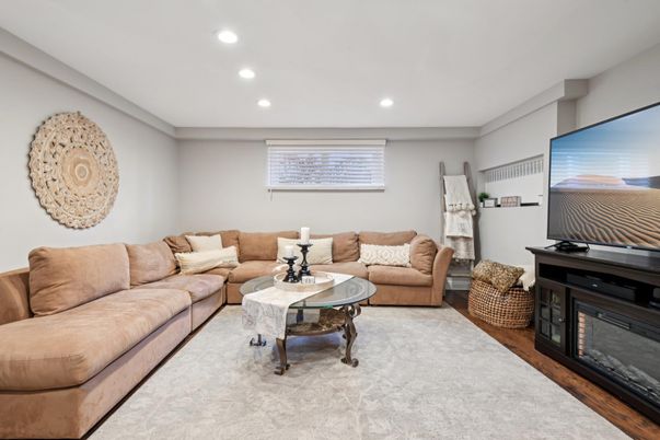 Fireplace, Interior, Living room, Recessed Lighting, Wood Texture Flooring