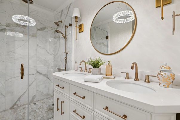 Bathroom, Dual Sink Vanities, Glass Shower, Interior, Marble Walls
