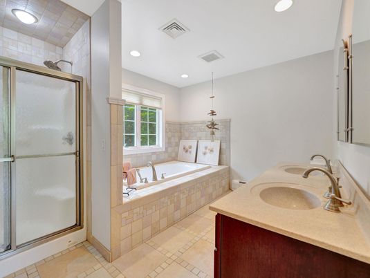Bathroom, Dual Sink Vanities, Glass Shower, Interior, Recessed Lighting