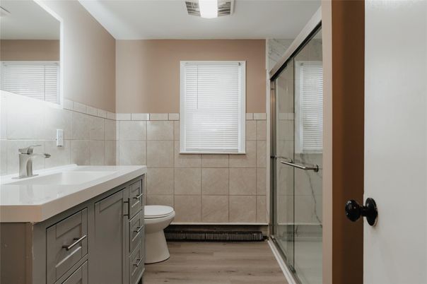 Bathroom, Glass Shower, Interior, Wood Texture Flooring
