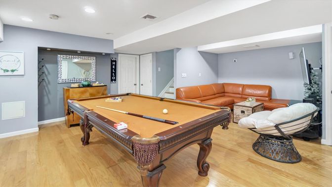 Billiard Table, Game Room, Interior, Recessed Lighting, Wood Texture Flooring