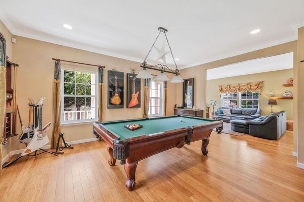 Billiard Table, Game Room, Interior, Pendant Lights, Recessed Lighting, Wood Texture Flooring