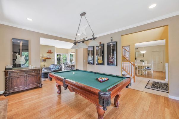 Billiard Table, Game Room, Interior, Pendant Lights, Recessed Lighting, Wood Texture Flooring